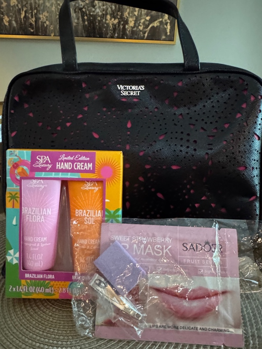 Victoria's Secret Black Tote with Pink Interior Accents and Skincare Set